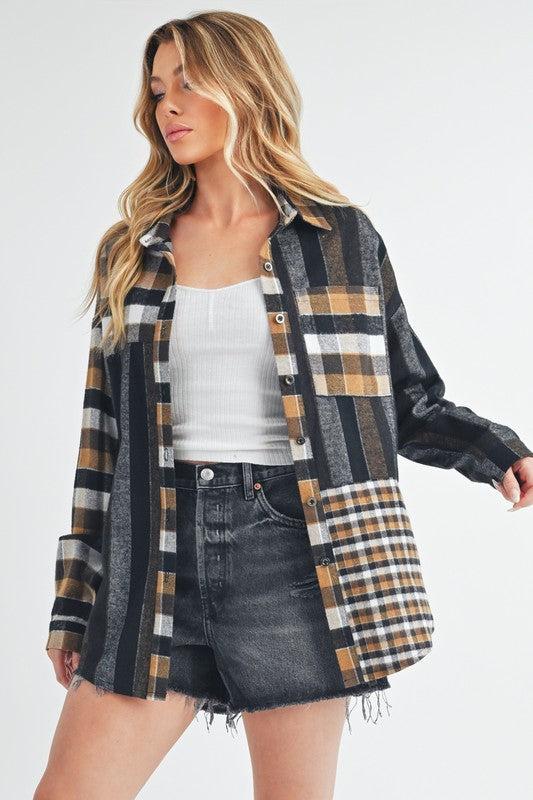 Trendy Patchwork Plaid Flannel Shacket – Oversized Button-Up