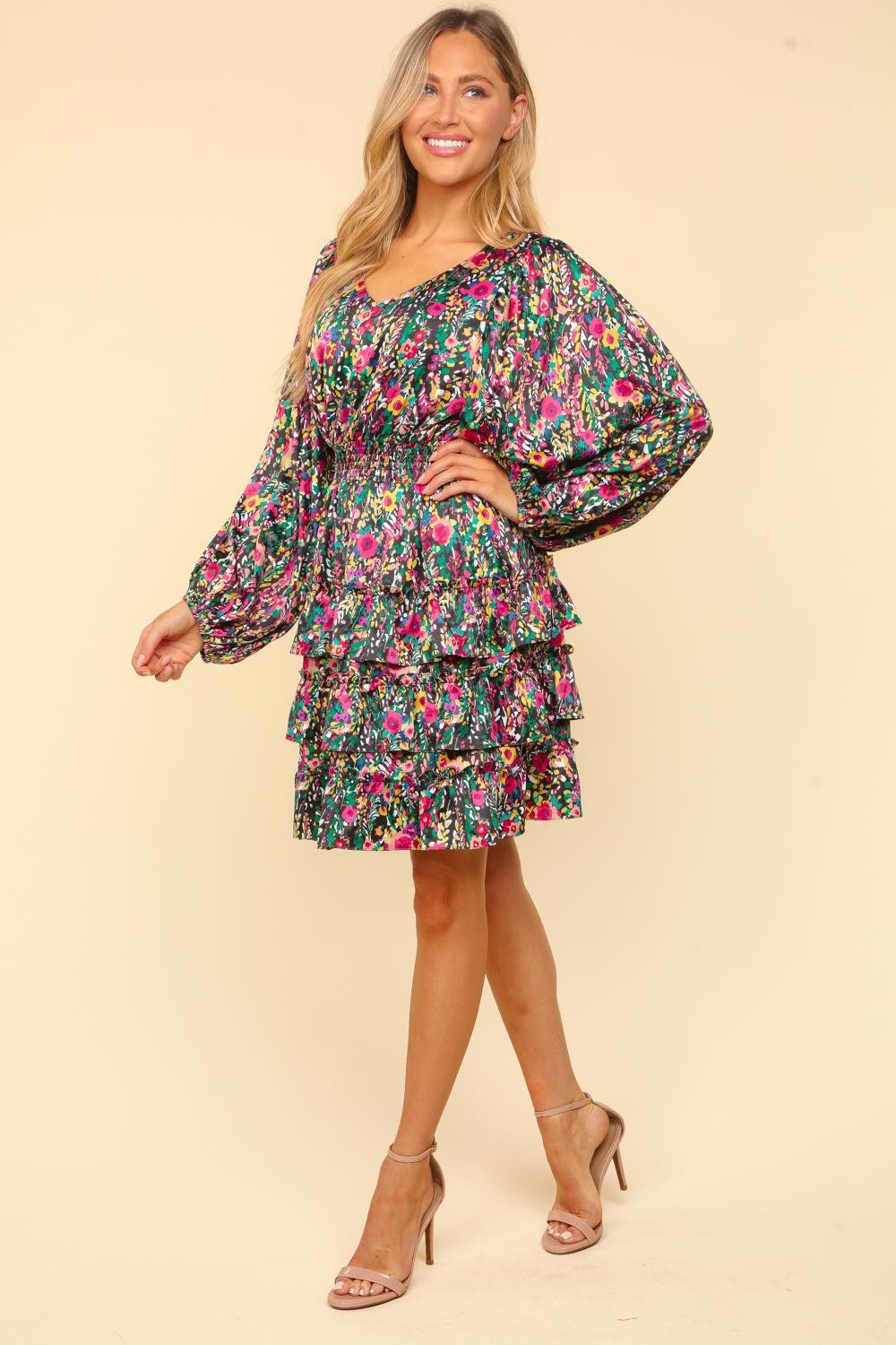 Vibrant Floral Ruffle Dress – Chic & Playful Long Sleeve Mini