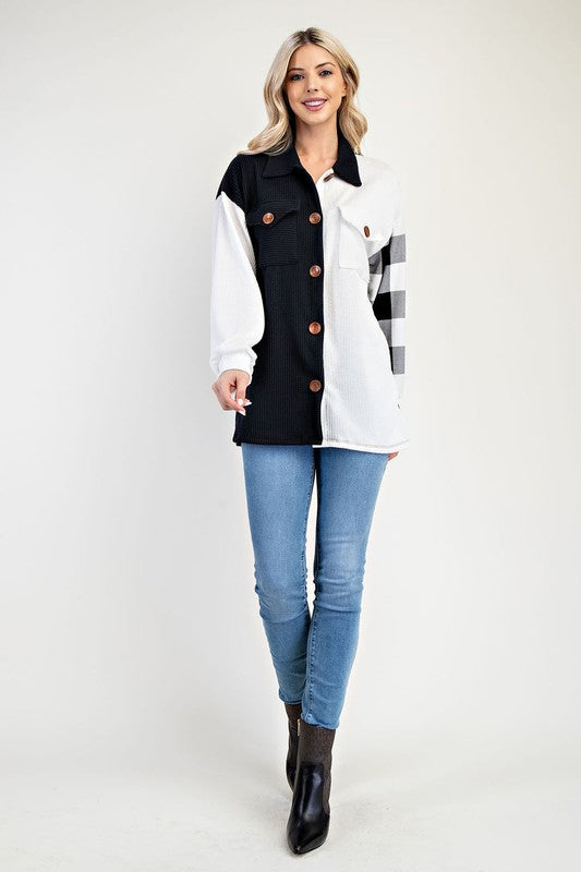 Black & White Patchwork Button-Up Shacket – Stylish Plaid Contrast