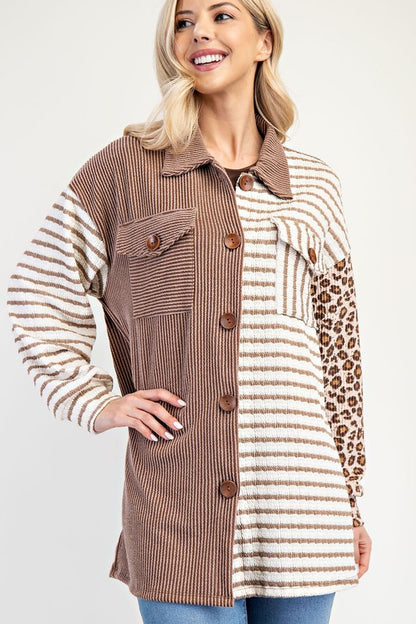 Chic Patchwork Knit Shacket – Striped & Leopard Print Button-Up