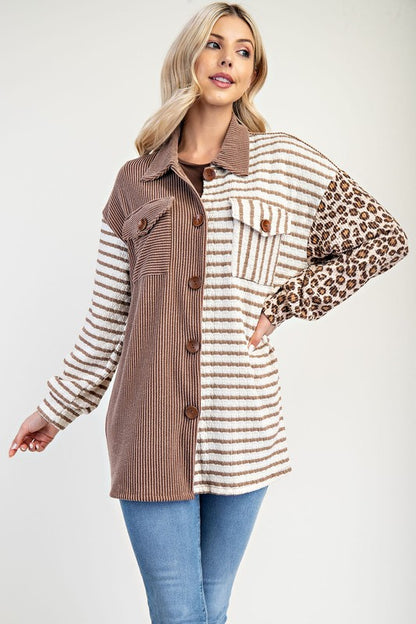 Chic Patchwork Knit Shacket – Striped & Leopard Print Button-Up