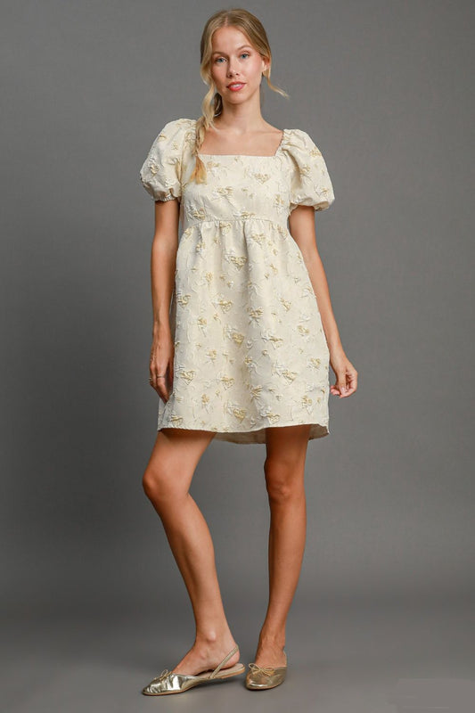 Elegant Ivory Puff Sleeve Mini Dress with Floral Embroidery