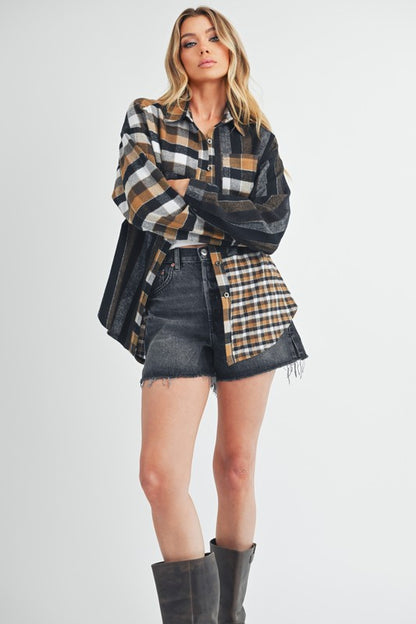 Trendy Patchwork Plaid Flannel Shacket – Oversized Button-Up