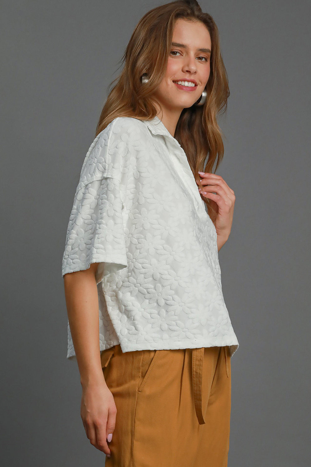 Textured Floral Embossed Polo Top – Chic Relaxed Fit Blouse