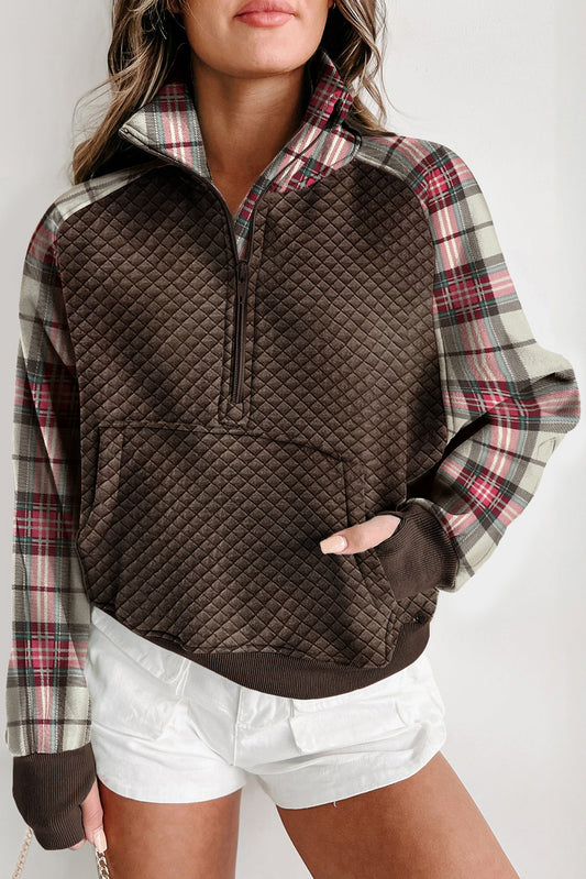 Quilted Plaid Patchwork Pullover – Cozy Fall & Winter Half-Zip Sweater