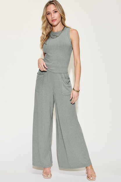 Sage Ribbed Wide-Leg Jumpsuit – Effortless Chic & Comfy Style