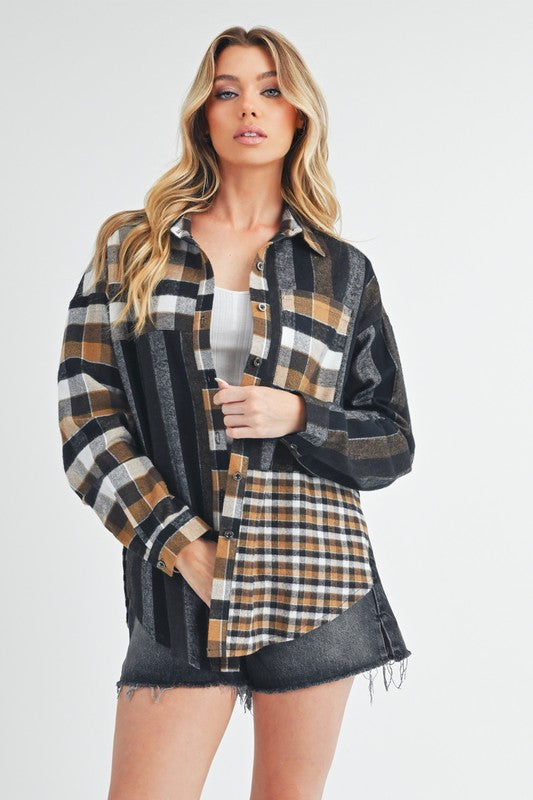 Trendy Patchwork Plaid Flannel Shacket – Oversized Button-Up