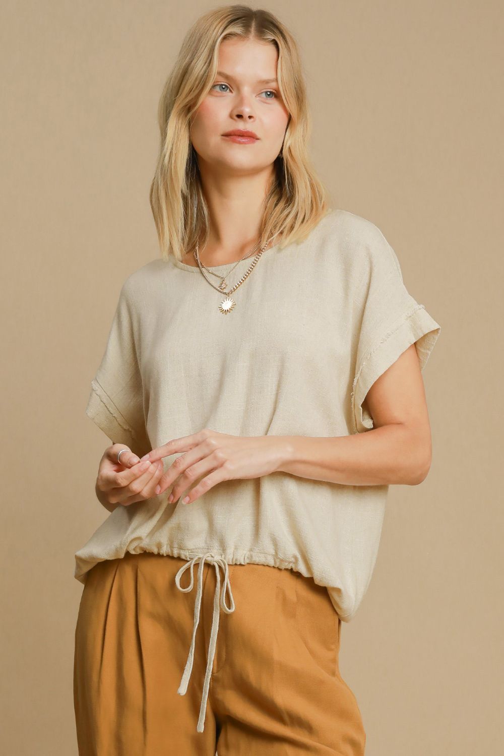 Linen Drawstring Hem Blouse – Effortless Chic & Comfortable Fit