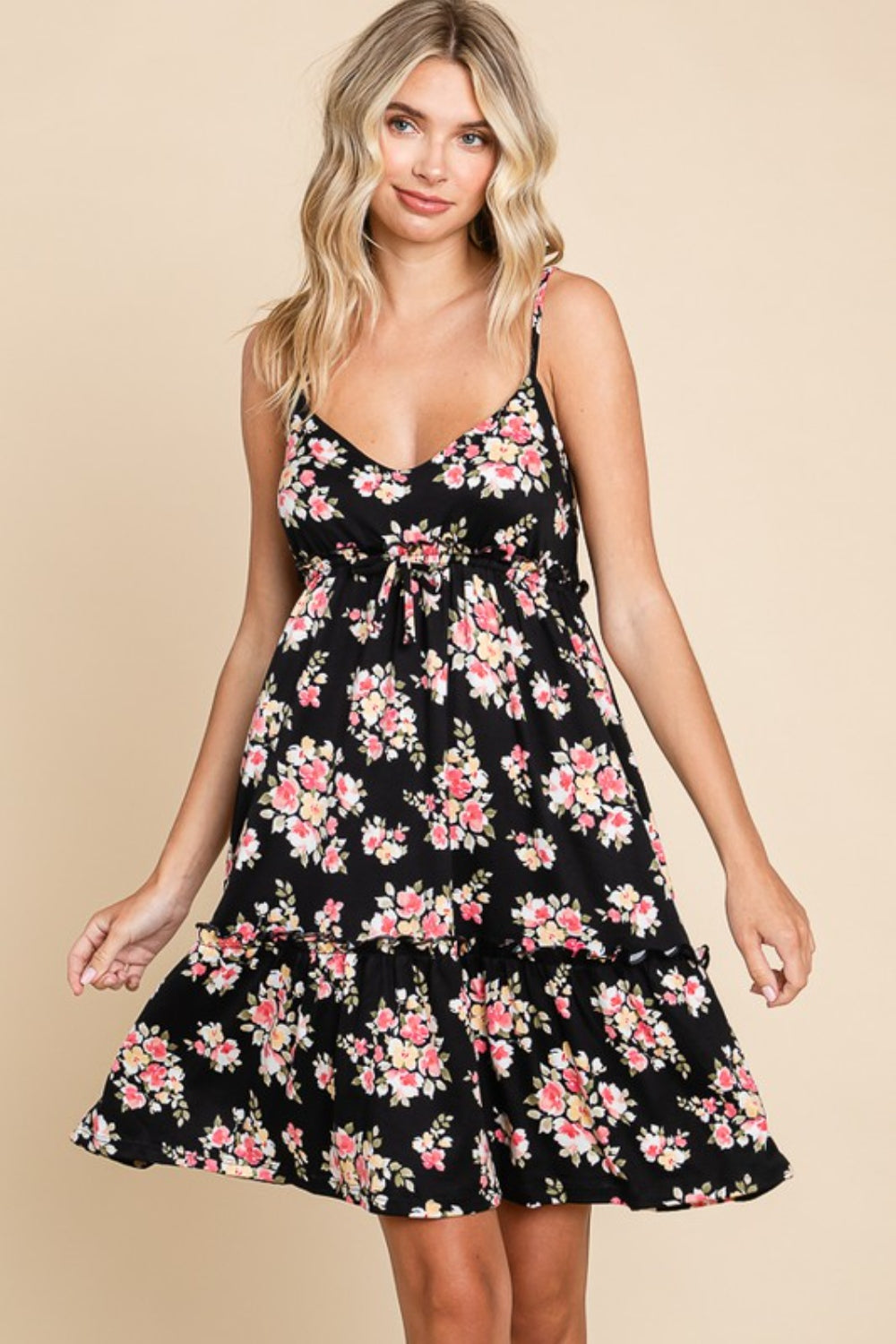 Floral Black Ruffle Mini Dress – Chic, Feminine & Flattering