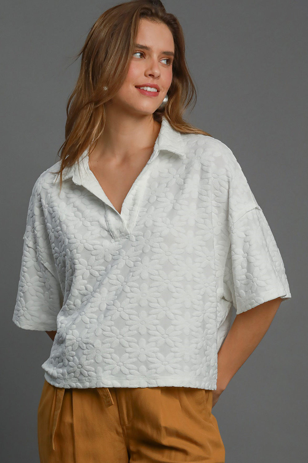 Textured Floral Embossed Polo Top – Chic Relaxed Fit Blouse