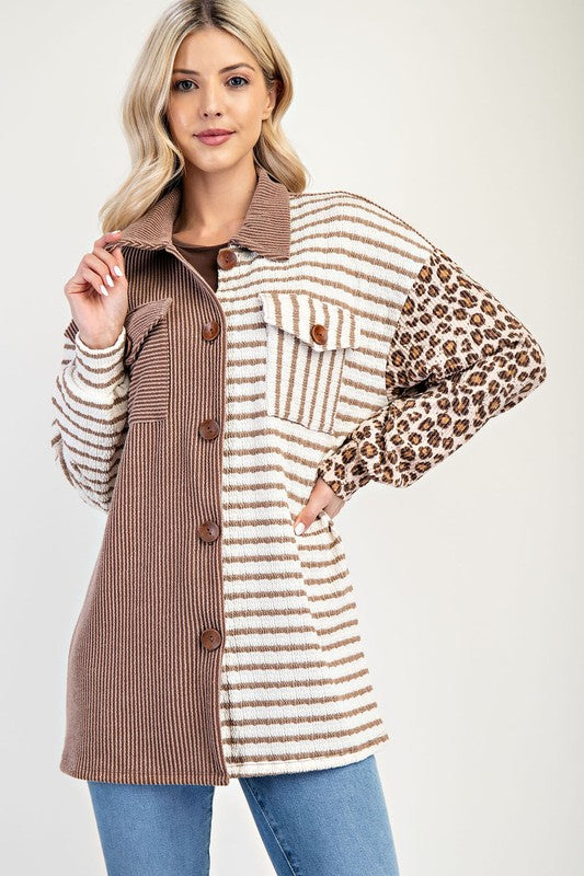 Chic Patchwork Knit Shacket – Striped & Leopard Print Button-Up