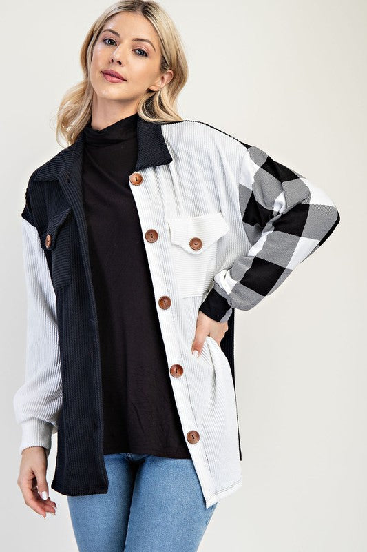 Black & White Patchwork Button-Up Shacket – Stylish Plaid Contrast