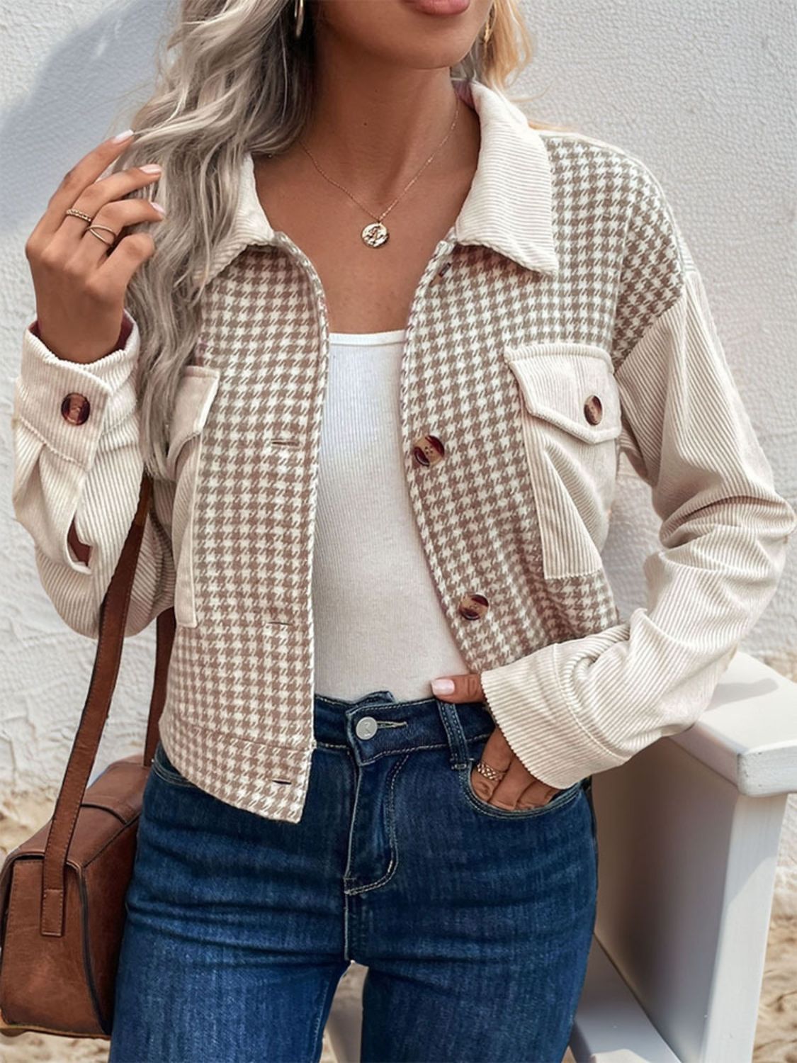 Houndstooth Corduroy Jacket – Chic Button-Up Fall & Winter Shacket