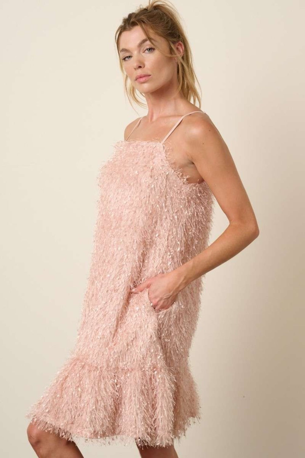 Blush Pink Fringe Dress – Glamorous & Chic Party Look