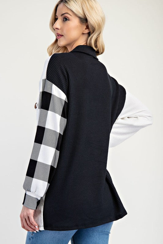 Black & White Patchwork Button-Up Shacket – Stylish Plaid Contrast