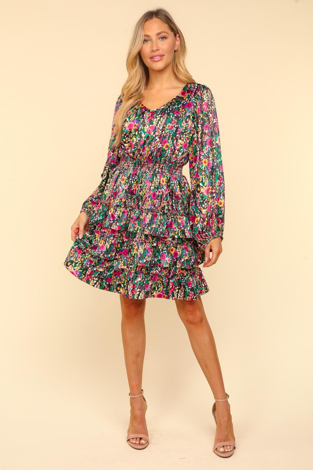 Vibrant Floral Ruffle Dress – Chic & Playful Long Sleeve Mini