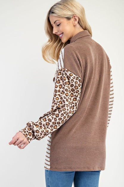 Chic Patchwork Knit Shacket – Striped & Leopard Print Button-Up