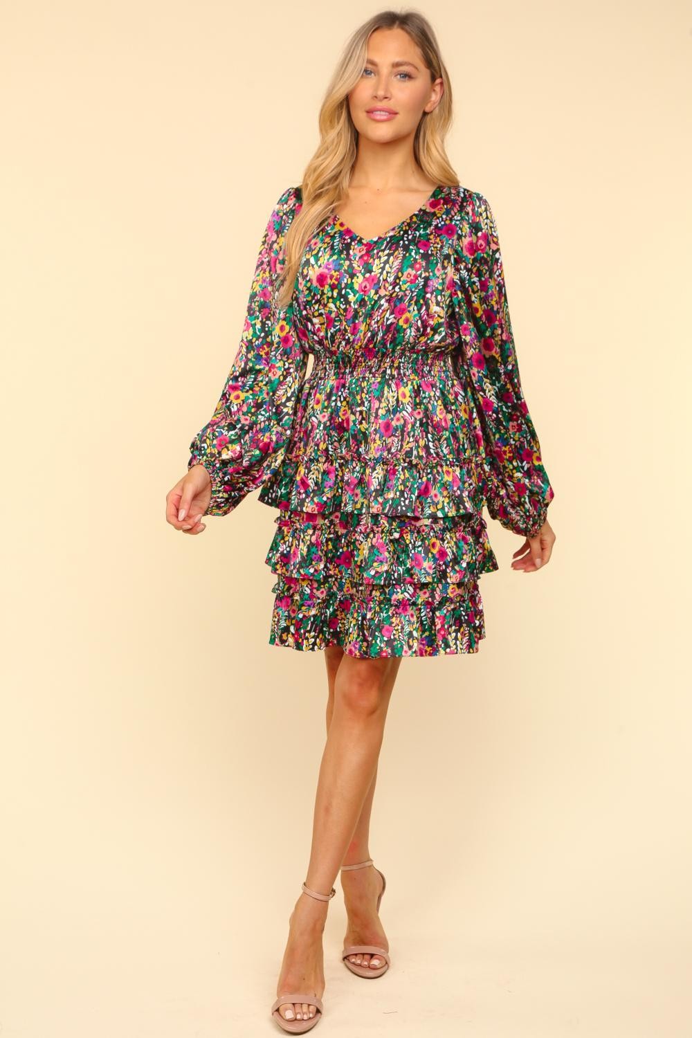 Vibrant Floral Ruffle Dress – Chic & Playful Long Sleeve Mini