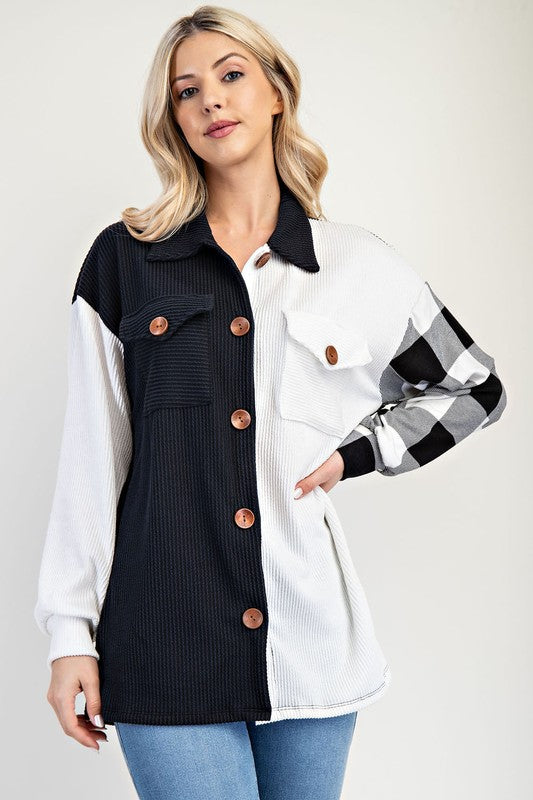 Black & White Patchwork Button-Up Shacket – Stylish Plaid Contrast