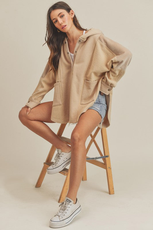 Oversized Beige Hoodie – Cozy Button-Up Pullover with Pockets