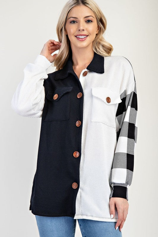 Black & White Patchwork Button-Up Shacket – Stylish Plaid Contrast