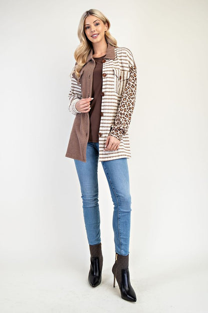 Chic Patchwork Knit Shacket – Striped & Leopard Print Button-Up