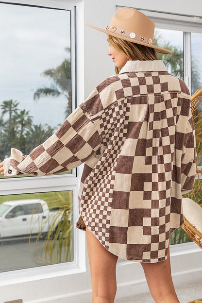 Oversized Corduroy Checkerboard Shacket – Cozy & Stylish Plaid Jacket