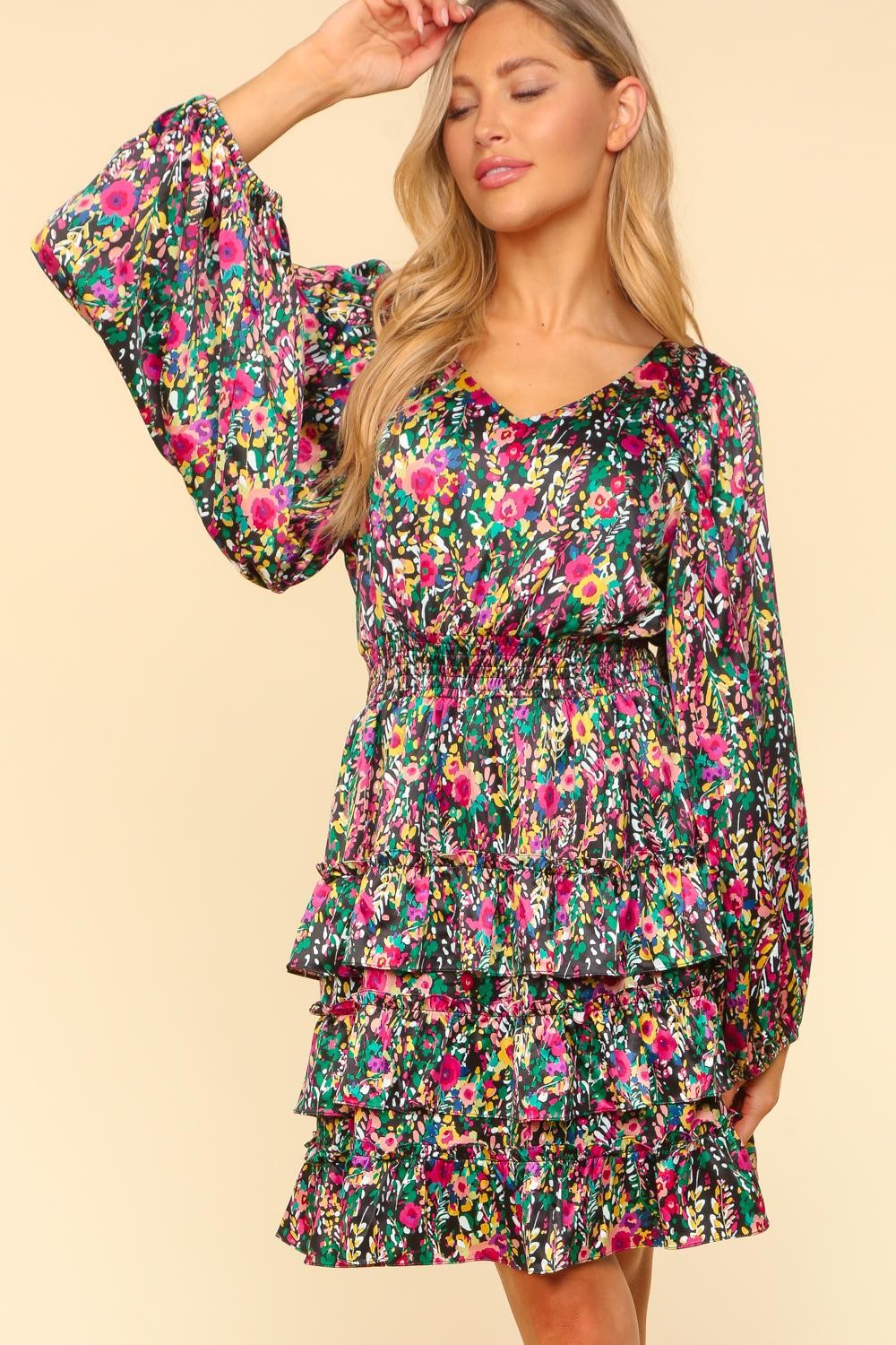 Vibrant Floral Ruffle Dress – Chic & Playful Long Sleeve Mini