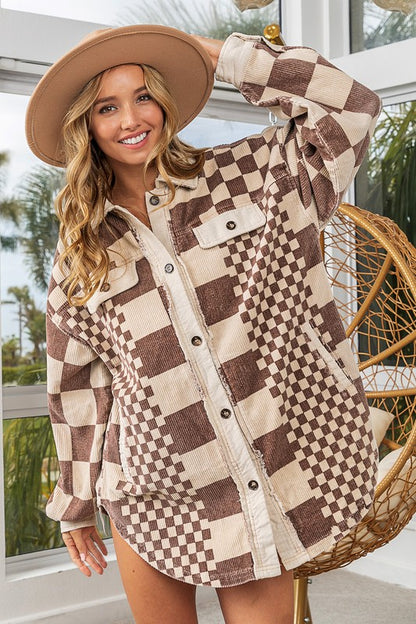 Oversized Corduroy Checkerboard Shacket – Cozy & Stylish Plaid Jacket