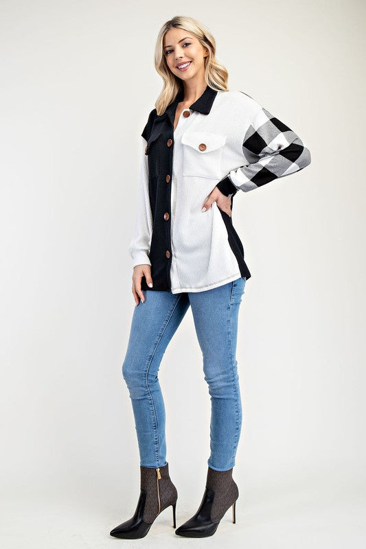 Black & White Patchwork Button-Up Shacket – Stylish Plaid Contrast