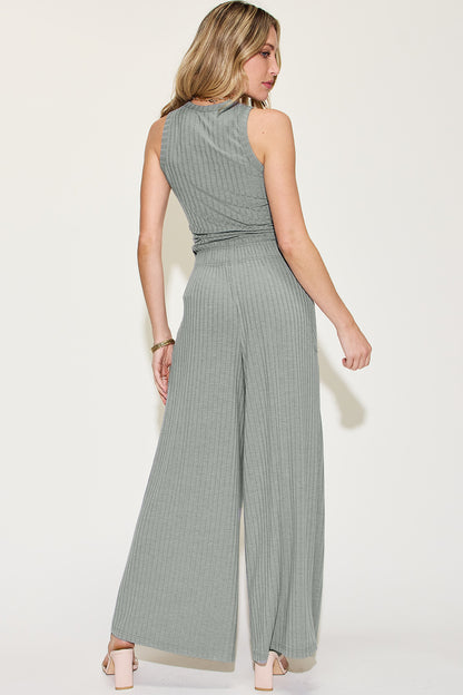 Sage Ribbed Wide-Leg Jumpsuit – Effortless Chic & Comfy Style